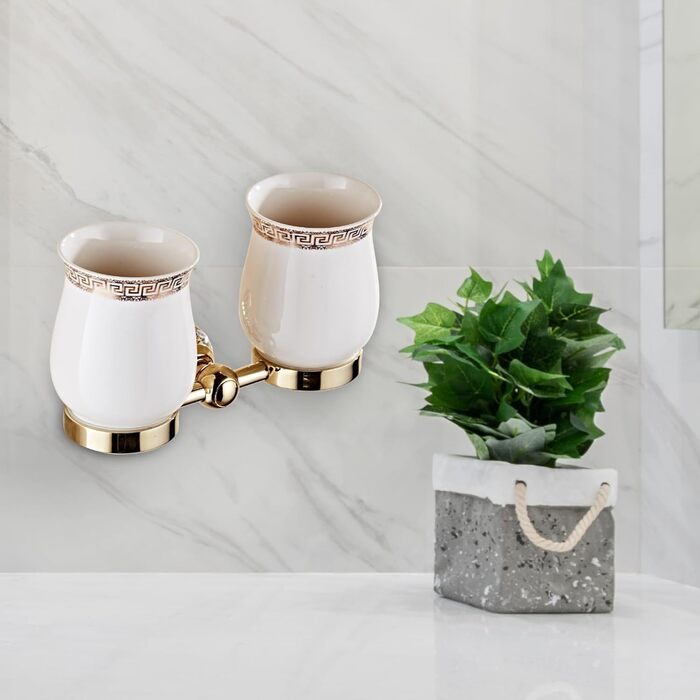 Golden Bathroom Toothbrush Holder, Gold Crystals, Bathroom Hardware (Double Toothbrush holder, Bright Gold)