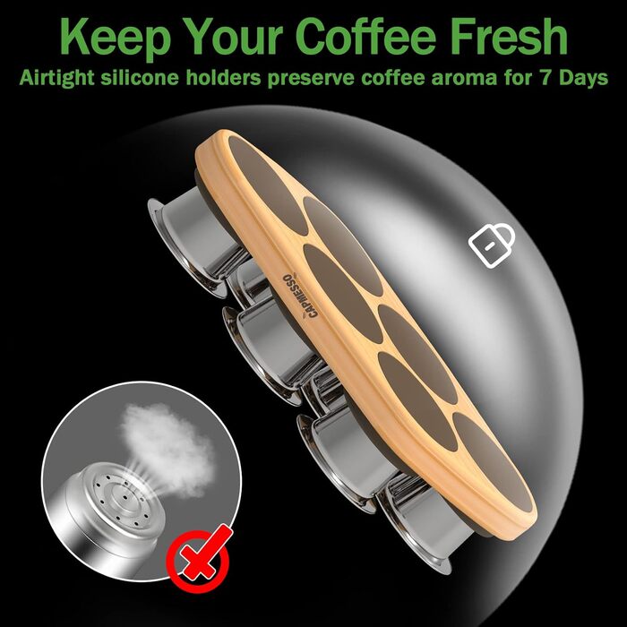 Багаторазові капсули Capmesso з нержавіючої сталі для кавомашин Nespresso OriginalLine, 6 шт. + 100 кришок + дерев'яна підставка