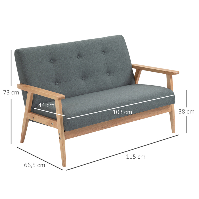 HOMCOM Подвійне диван-крісло Loveseat на 2 місця з м'якою оббивкою, компактний дизайн з льону та гумового дерева, сірого кольору, розміром 115x66,5x73 см для вітальні