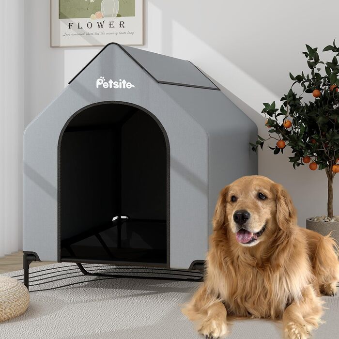 Будка для собак COSTWAY 2 в 1 з піднятим ліжком, Outdoor, сірий Оксфорд (84 x 132 x 114 см)