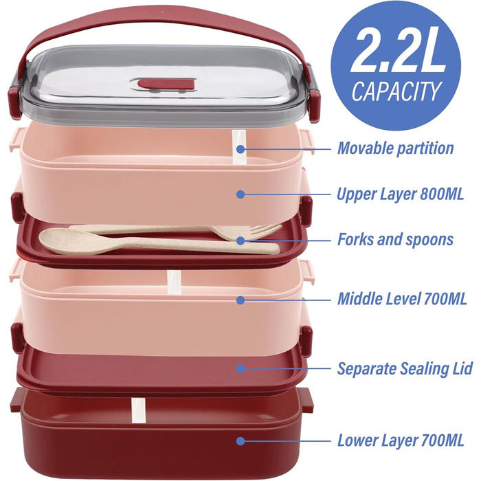 Ланчбокс Brotdose на 3 секції, 2200 мл, з посудом, без BPA, для дорослих, мікрохвильова піч, бежевий