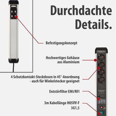 Мережевий фільтр Brennenstuhl Premium-Protect-Line на 4 розетки, кабель 3м, захисний подовжувач