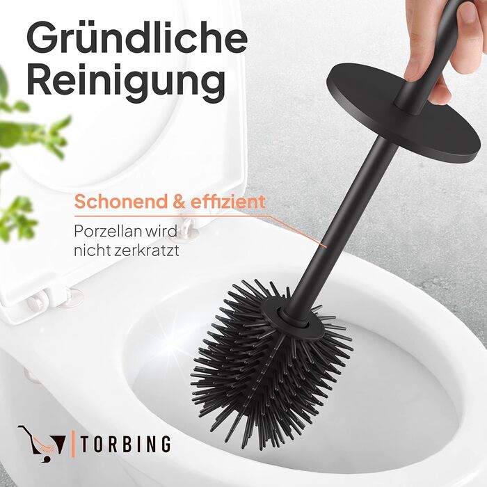 Торбінг Дизайн Туалетний Щітка з Нержавіючої Сталі - Якісна Щітка з Закритим Тримачем - Силіконова Щітка з Ефектом Лотоса - Сучасний Дизайн - Елегантні Кольори - Подовжений Рукоятка (Чорний Матовий Вугільний)