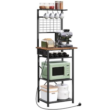 Стельова полиця з розетками, підлогова полиця, полиця пекаря, 35 x 48 x 135 см, 4 гачки S-подібної форми, станція для кавової бару з тримачем для пляшок та гачками, вінтажний коричневий та чорний колір ABRHR23UE01