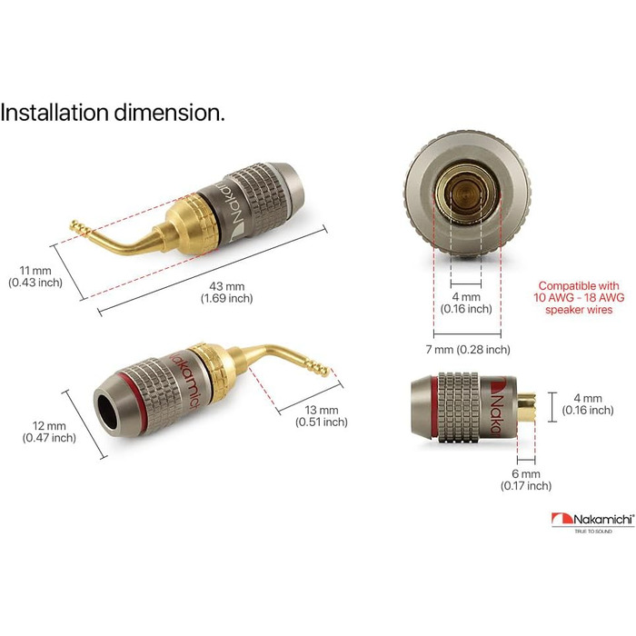 Бананові роз'єми Nakamichi FanLock Excel-Serie, 24K позолочені штекери 2мм для акустичних кабелів Hi-Fi, 10-18 AWG, 4мм, 4 шт (2 пари)