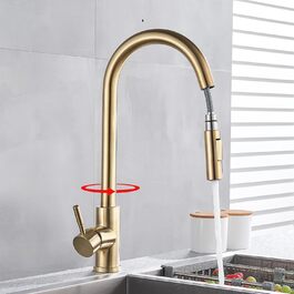 Знімна кухонна змішувач з 2 функціями, золото, 360° поворот, для кухонної мийки, однорідний змішувач, холодна та тепла вода, золотий матовий