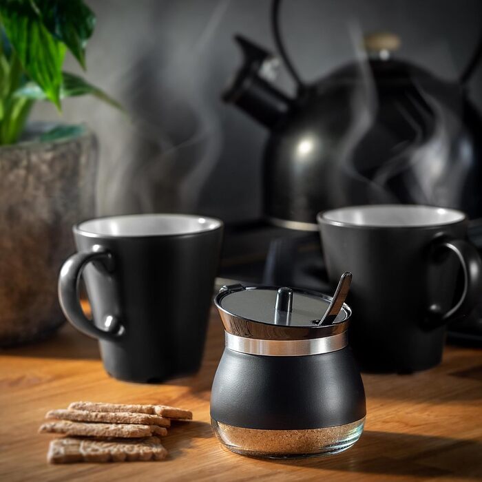 Цукорниця KADAX з ложкою, 270 мл, контейнер для цукру з порошковим покриттям, 9x9 см, цукророзсипник у 2 кольорах, дозатор для спецій з кришкою для чаю, цукру (Чорний)