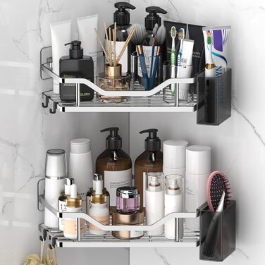 Поличка для душу без свердління, кутова, 2 шт. Органайзер для ванної кімнати з 4 гачками, чорний. Аксесуар для душу, тримач для шампуню. (B-silver)