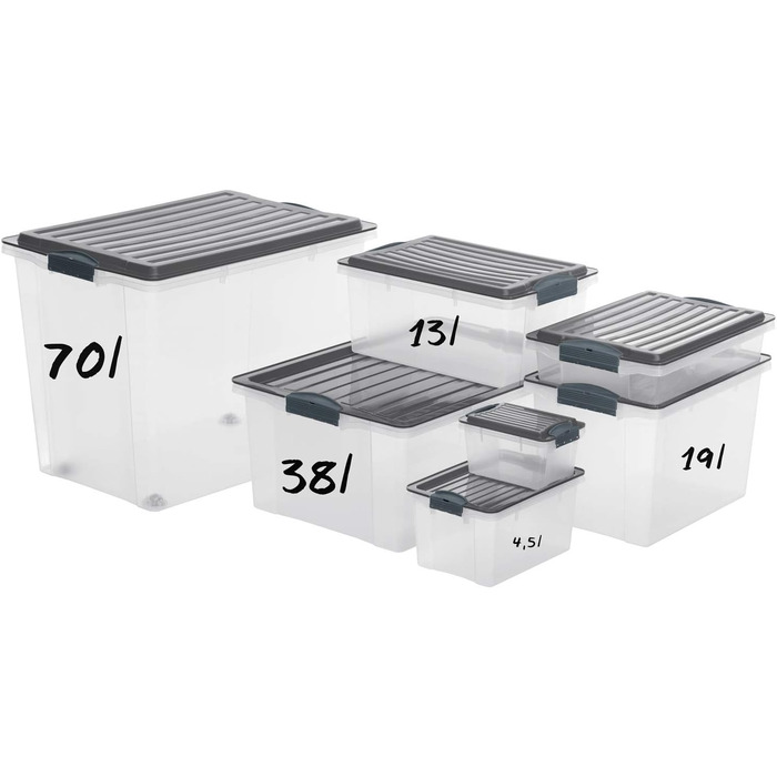 Rotho Compact 3-Piece Storage Box Set 70L with Lid and Wheels (3x38L, Anthracite/Transparent)