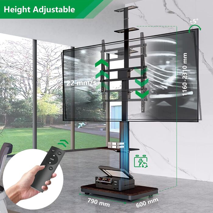 Моторний підставка для телевізора XTRARM Elite: регулювання висоти, VESA 600x400, 40-86 дюймів, 60 кг, з полицями та стійкою для розеток (Білий, горіх)