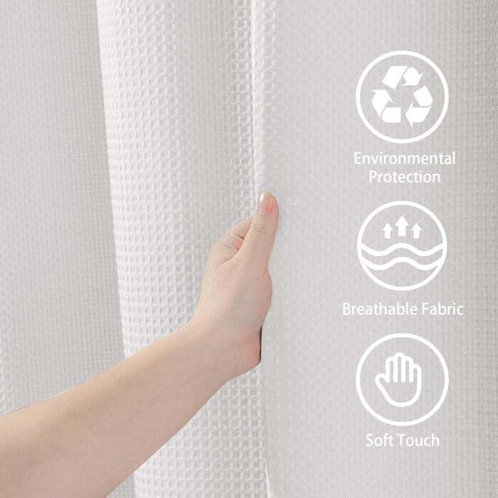 Штора для ванної кімнати Waffel з кільцями, 182x182 см, біла - водовідштовхувальна, анти-грибок