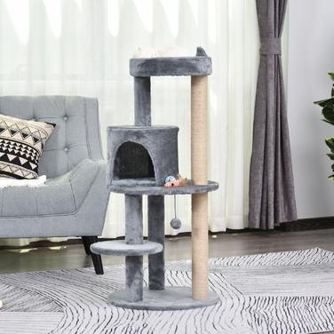 PawHut Multi-Level Cat Tree with Cave, Perches, and Scratching Posts - Large, Stable, and Luxurious with Sisal and Plush Fabric - Gray, 48x48x104 cm