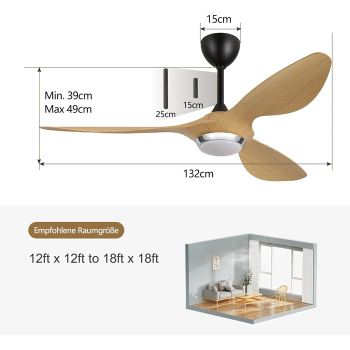 Стеляний вентилятор Reiga з підсвіткою та пультом керування, діаметр 132 см, тихий реверсивний мотор, 6 швидкостей, таймер, регульована яскравість та 3 колірні температури, коричневі лопаті