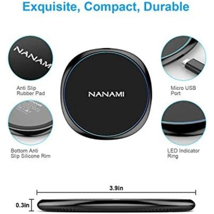 Бездротовий зарядний пристрій NANAMI 20W USB-C PD з адаптером, швидка бездротова зарядка 10W для Samsung Galaxy S25/S24/S23/S22/S21 Ultra Plus, 7.5W для iPhone 17/16/15/14/13/12/11 Pro та Airpods (Чорний)