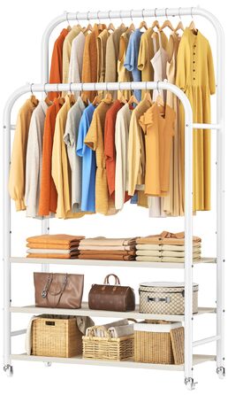 Вішалка для одягу HOMIDEC з 3 полицями, подвійна штанга на колесах, металевий каркас, біла - до 80 кг