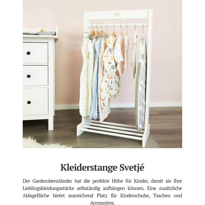 Puckdaddy Svetje | Clothes Rack 60x30x120 cm | Clothes stand made of pine wood in vintage design in white | Modern coat rack for baby and children's rooms | With practical shoe storage