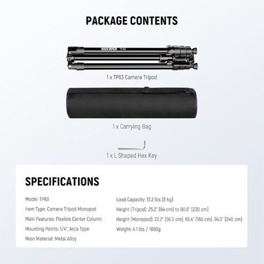 Штатив для камери NEEWER з моноподом, 72 дюйми, алюмінієвий, для DSLR/Camcorder, 360° кульковий шарнір, QR-платформа Arca, вантажопідйомність 15 кг, тканина для чищення