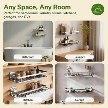 Полка для душу Evaland з алюмінію, 2 шт. з гачками та стійкою для рушників, без свердління, стійка до іржі, преміум-органайзер для ванної кімнати, кухні, сріблястого кольору