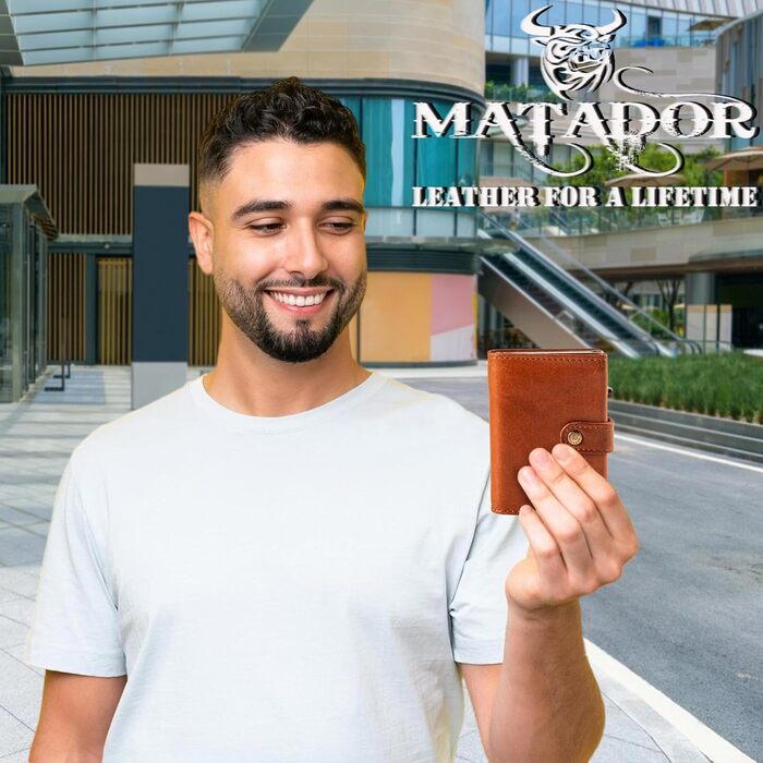 Гаманець Matador Slim Miami без відділення для монет – шкіряний картхолдер з RFID-захистом та POP-UP механізмом, коричневий вінтаж. Міні-портмоне зі шкіри для чоловіків у подарунковій коробці