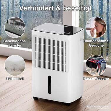 Зволожувач повітря Erikssøn з LED-дисплеєм, таймером та захистом для дітей | Видаляє 16л вологи на добу | Для приміщень до 140м³ (70м²) | Енергоефективний зволожувач повітря з датчиком вологості, білий