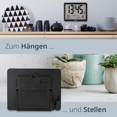 Digital XL Radio Clock with Very Large Numbers | Alarm Clock with 2 Alarm Times and Backlight | Thermometer Hygrometer | Slim Frame Made of Real Wood (Black)