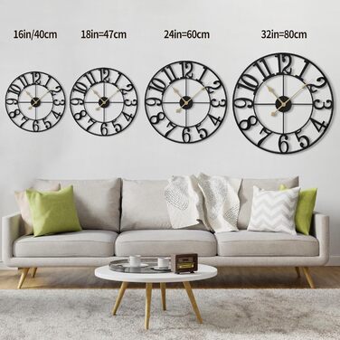 Maxstar Modern Roman Numeral Large Wall Clocks, Non-Ticking Round Metal Silent Vintage Wall Clock for Living Room, Kitchen, Bedroom, Garden Decor - Gold (Black Arabic, 40CM)