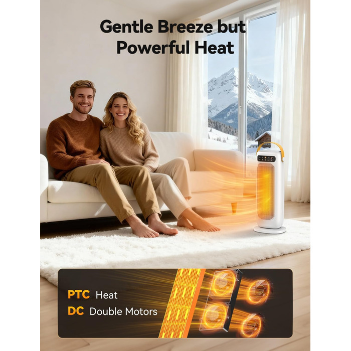Електричний обігрівач PTC керамічний 1500W з пультом керування, 4 режими, осциляція 110°, таймер 1-10 год, захист від перегріву та перекидання. Компактний обігрівач для дому (білий)