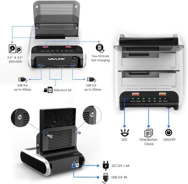 Док-станція для жорстких дисків WAVLINK ST336A: USB, SATA, TF/SD, зарядка, Offline Clone