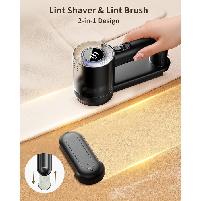 Електричний видалення ворсу з тканини з щіткою для ворсу, XL, з цифровим дисплеєм, 3 великі леза, видалення ворсу з одягу, меблів, ковдр, чорний