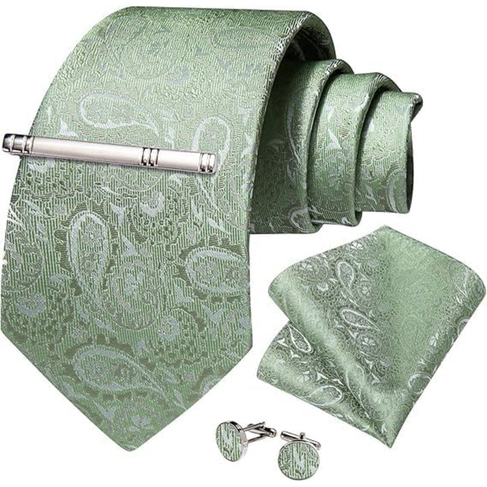 Краватка DiBanGu чоловіча, шовкова, з візерунком павлина та квітами, комплект: краватка, нагрудна хустинка, краваткова застібка, запонки, для весілля, свят, класичний стиль (світло-зелений)