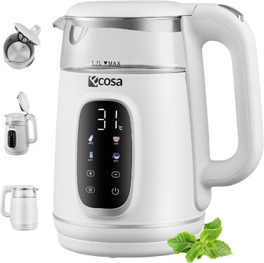 Електричний чайник Ecosa® зі скляною колбою та нержавіючою сталлю, 1.7 л, 2200 Вт, регулювання температури 40-100°C, функція підігріву, LED-підсвічування, без BPA (Woldo White)