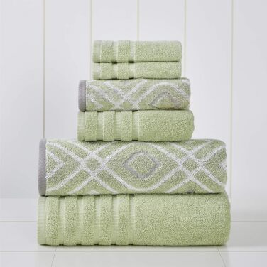 Amrapur Overseas Modern Threads Towel Set, 6-Piece, Oxford Stripe, Jacquard/Solid, Ultra-Soft, 500 g/m², 100% Combed Cotton, Sage Green Standard Gray-Green