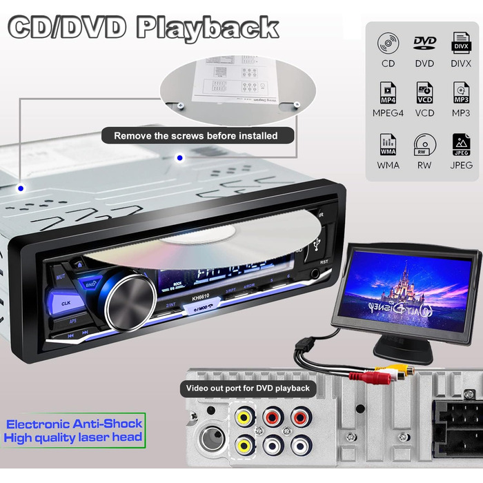 Hengweili автомагнітола 1DIN з CD/DVD, Bluetooth, FM/AM, App-керуванням, USB, SD, AUX, MP3