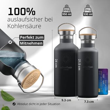 Фляга для води з нержавіючої сталі з трубочкою та інфузером, 3 кришки: BPA-free, не протікає, підходить для газованої води - спортивна фляга, термофляга, ізотермічна фляга, дитяча фляга для чаю (950 мл, Cool Grey Bamboo)