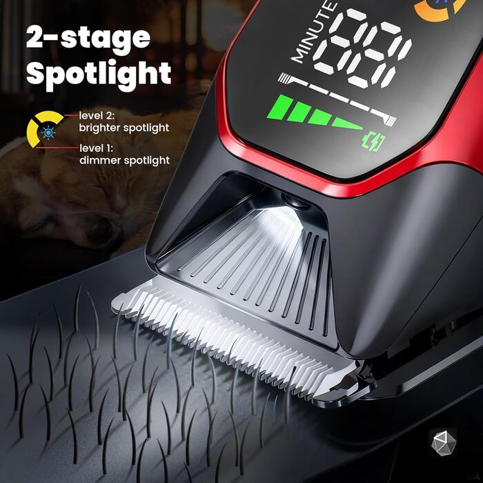 Електрична машинка для стрижки собак з густим/важким хутром, 2 швидкості, LED, акумуляторна, для собак та котів, з блокуванням, Стандартний набір