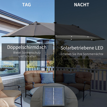 Сонцезахисний парасоль від Outsunny, 440 x 260 см з LED-підсвічуванням, двосторонній парасоль з ручним механізмом, овальний парасоль для тераси з металу, темно-сірий