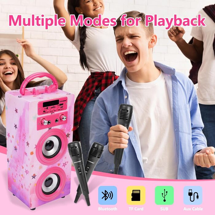 Караоке DYNASONIC з 2 мікрофонами, портативна машина для караоке, Bluetooth-динамік, USB та SD-картрідер, світлові ефекти, подарунок для дітей 5-13 років (Model 15 lights)