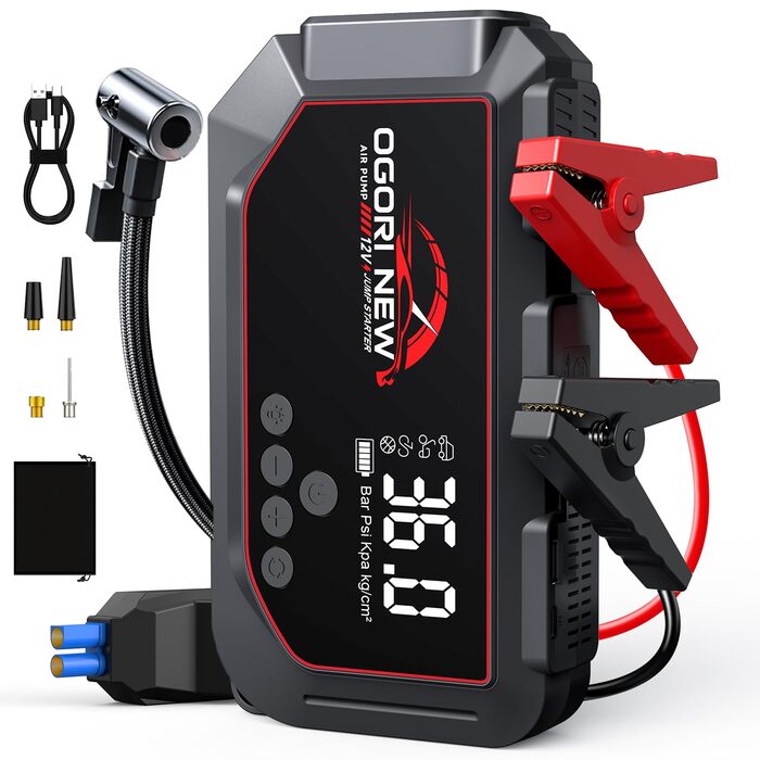 Портативний пусковий пристрій OGORI K33 з компресором 150 PSI та LED ліхтариком для автомобілів 12V (бензин 8L/дизель 10L)