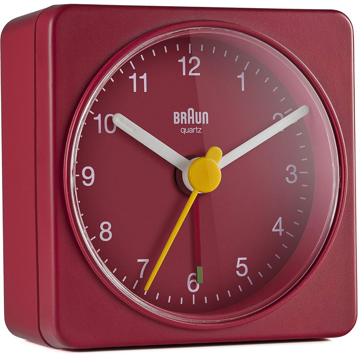 Braun Classic Analog Travel Alarm Clock, compact size, quiet quartz movement, crescendo alarm in red, model BC02R.