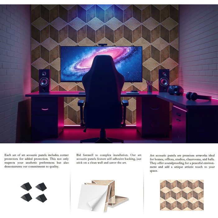 Акустичні панелі JBER для стін самоклеючі, звукопоглинаючі 3D-панелі з мармуровою текстурою для студії, офісу та дому, 30×30×1 см, 12 шт (Гексагон)