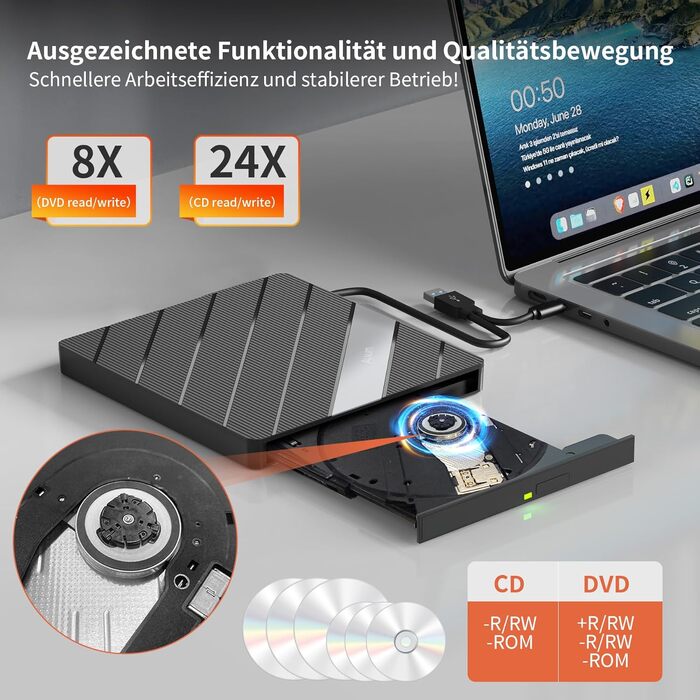 Зовнішній DVD-привід Alxum USB-C 3.0 та USB: CD/DVD плеєр і записувач для ноутбука з картридером SD/TF та додатковим USB-портом, Plug & Play, чорний