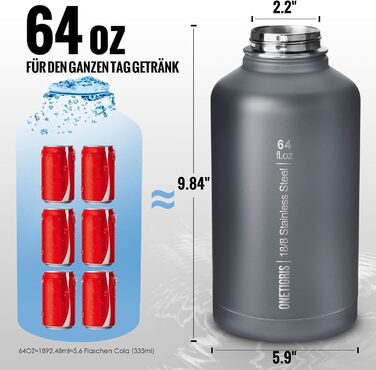 OneTigris Stainless Steel Water Bottle, 1.9L High Capacity, Insulated Sports Bottle for Cycling, Camping, Yoga, Gym, Softair, OD Green, 64oz (Gray)