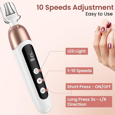 Електричний фрезер для манікюру та педикюру з 6 насадками, 10 швидкостей, LED-підсвічуванням, акумуляторний, для догляду за нігтями