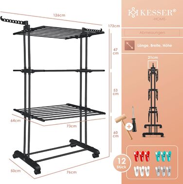 Кесер® Сушилка для білизни з колесами - тур-модель, 4 яруси, 2 обертові крила, 6 розкладних рівнів, білий/антрацит (чорний)