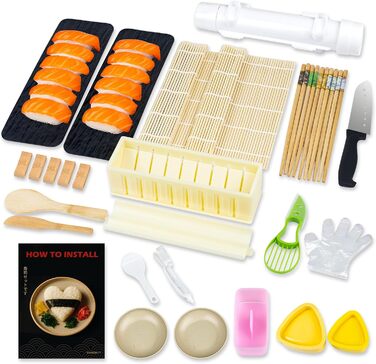 Набір для приготування суші 31 предмет – професійний набір з бамбуковою килимком, дозатором рису, формами для суші та кухонними аксесуарами – ідеально для домашніх суші, сашімі та макі-ролів