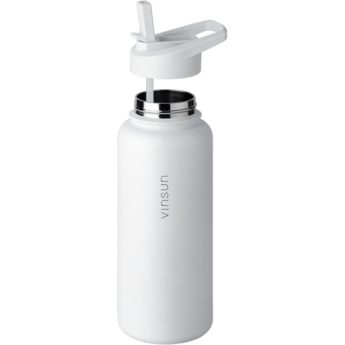 Stainless Steel Water Bottle 1L - Straw, Drinking Opening - Leak-Proof, Carbonated Drinks Safe, BPA Free - Thermos Bottle, Sports, Outdoor, School, University, Cycling, Hiking, Gym (750 ml, White)