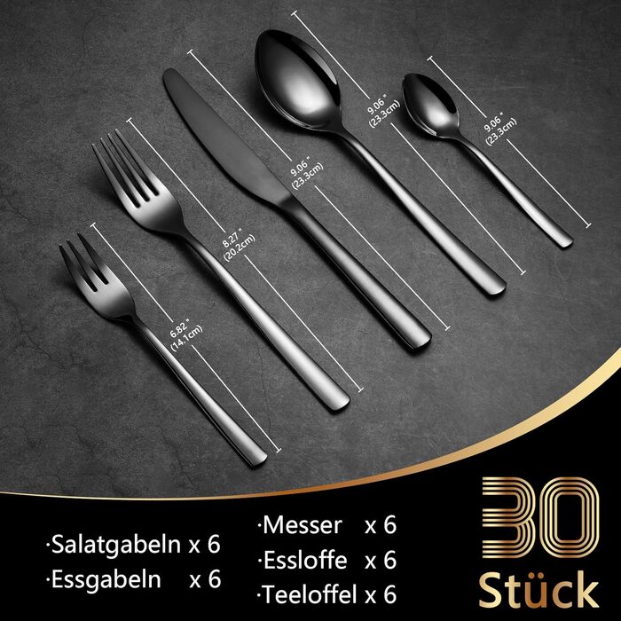 Black Cutlery Set, 6 People, 30-Piece, High-Quality Shiny Black, Stainless Steel Cutlery Set, Fork, Knife, Spoon Set, High-Gloss Polished Mirror Finish, Dishwasher Safe