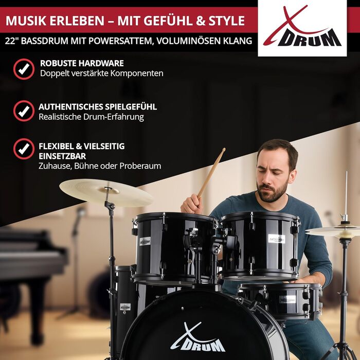XDrum Rookie 22' барабанний комплект Standard Black - ідеальний для початківців, стильна фурнітура, з паличками 5B, інструкцією та школою барабанщиків