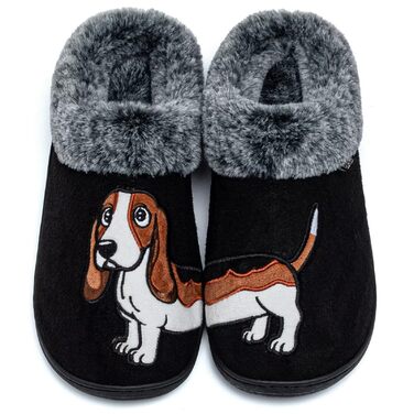 Тапочки домашні жіночі/чоловічі з вишивкою у вигляді собаки, теплі, з плюшевою підкладкою, зимові, чорні (42/43 EU)