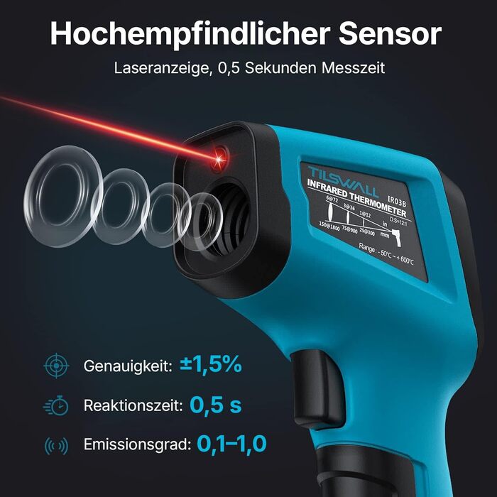Інфрачервоний термометр Tilswall IR з лазерним цільовим прицілом (-50°C до 800°C) для приготування їжі, барбекю, піци, морозильних камер та промисловості